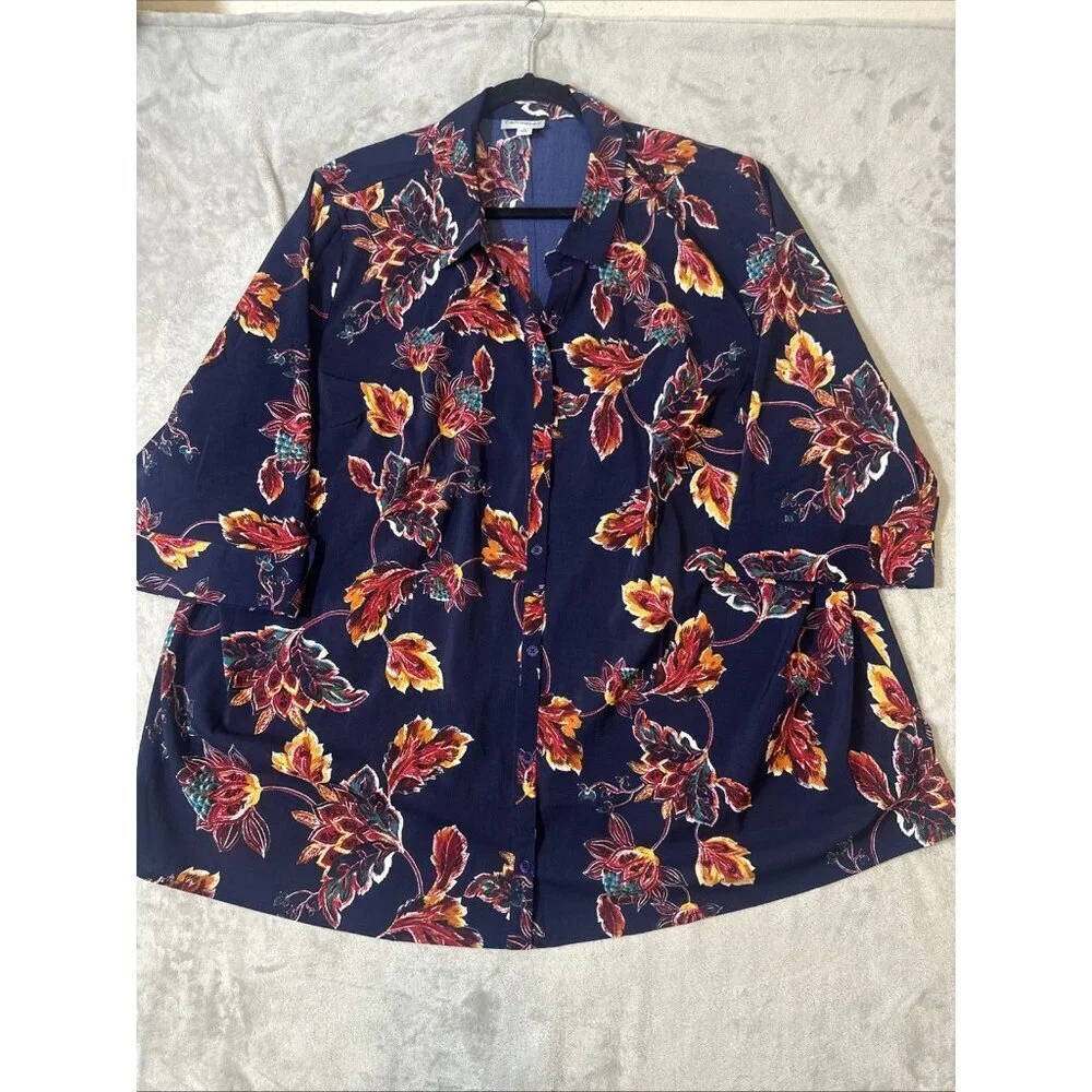 Catherines 3X Blouse Navy Multicolor Leaf Print Stretch Button Front 3/4 Sleeve - Picture 5 of 10